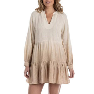 Boho Chic Neutral Ombre Long Sleeve V Neck Tiered Mini Dress Beige Tan Medium